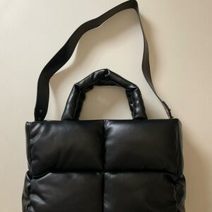 NEW Faux Leather Quilted Puffy Shoulder Purse Small Puffer Tote Bag Black